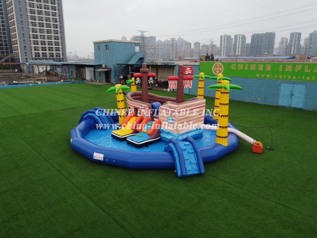 T6-607 Pirate Themed Mobile Water Park Inflatable Pool With Slides For Kids Party Events