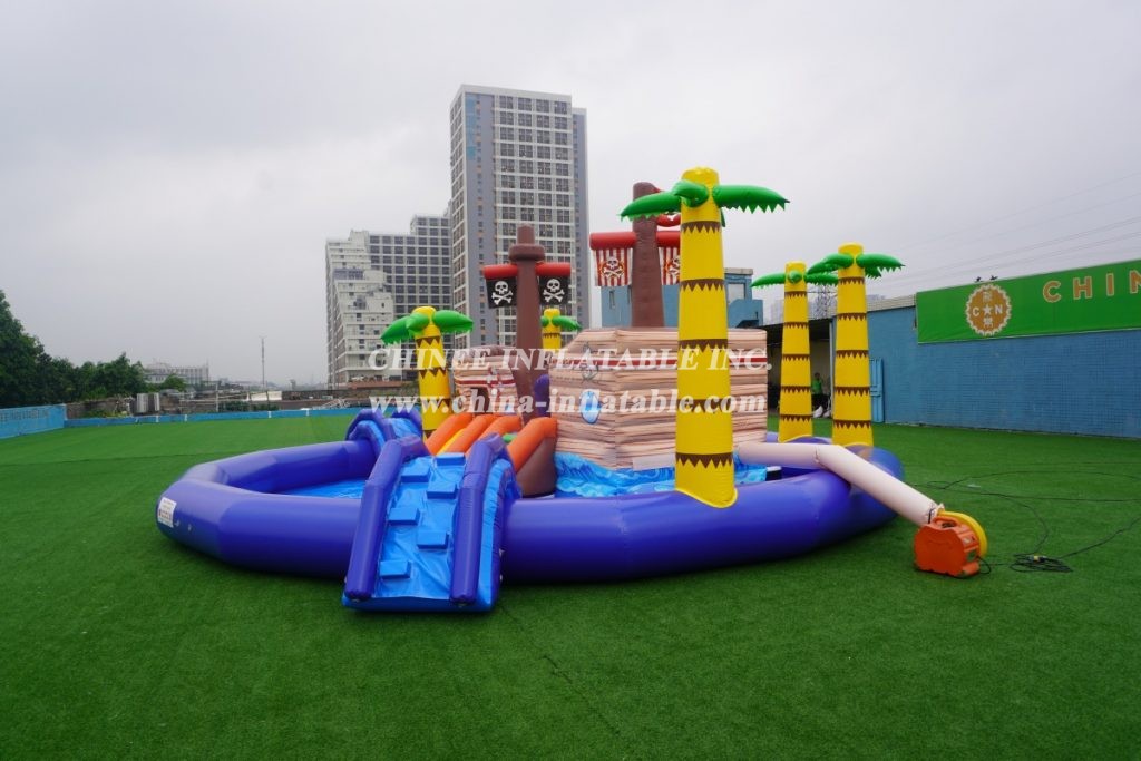 T6-607 Pirate Themed Mobile Water Park Inflatable Pool With Slides For Kids Party Events