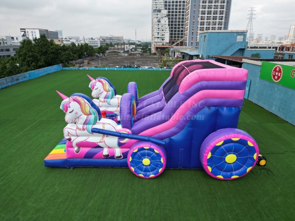 T8-4183 Rainbow Unicorn Carriage Double Inflatable Slide