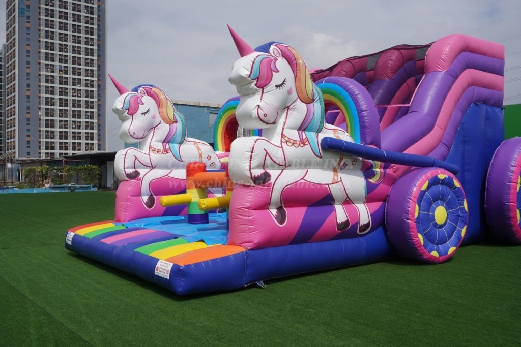 T8-4183 Rainbow Unicorn Carriage Double Inflatable Slide