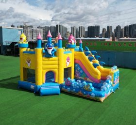 T2-8772 Castello Gonfiabile a Tema Baby Shark con Scivolo e Piscina