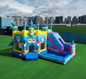 T2-8773 Castello Gonfiabile a Tema Baby Shark con Scivolo e Piscina