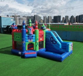 T2-8822 Castello Gonfiabile a Tema PJ Masks con Scivolo e Piscina