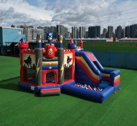 T2-8840 Castello Gonfiabile a Tema Supereroe con Scivolo e Piscina