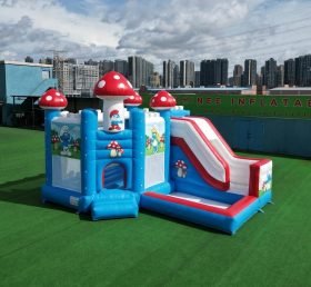 T2-8848 Castello Gonfiabile a Tema Puffi con Scivolo e Piscina